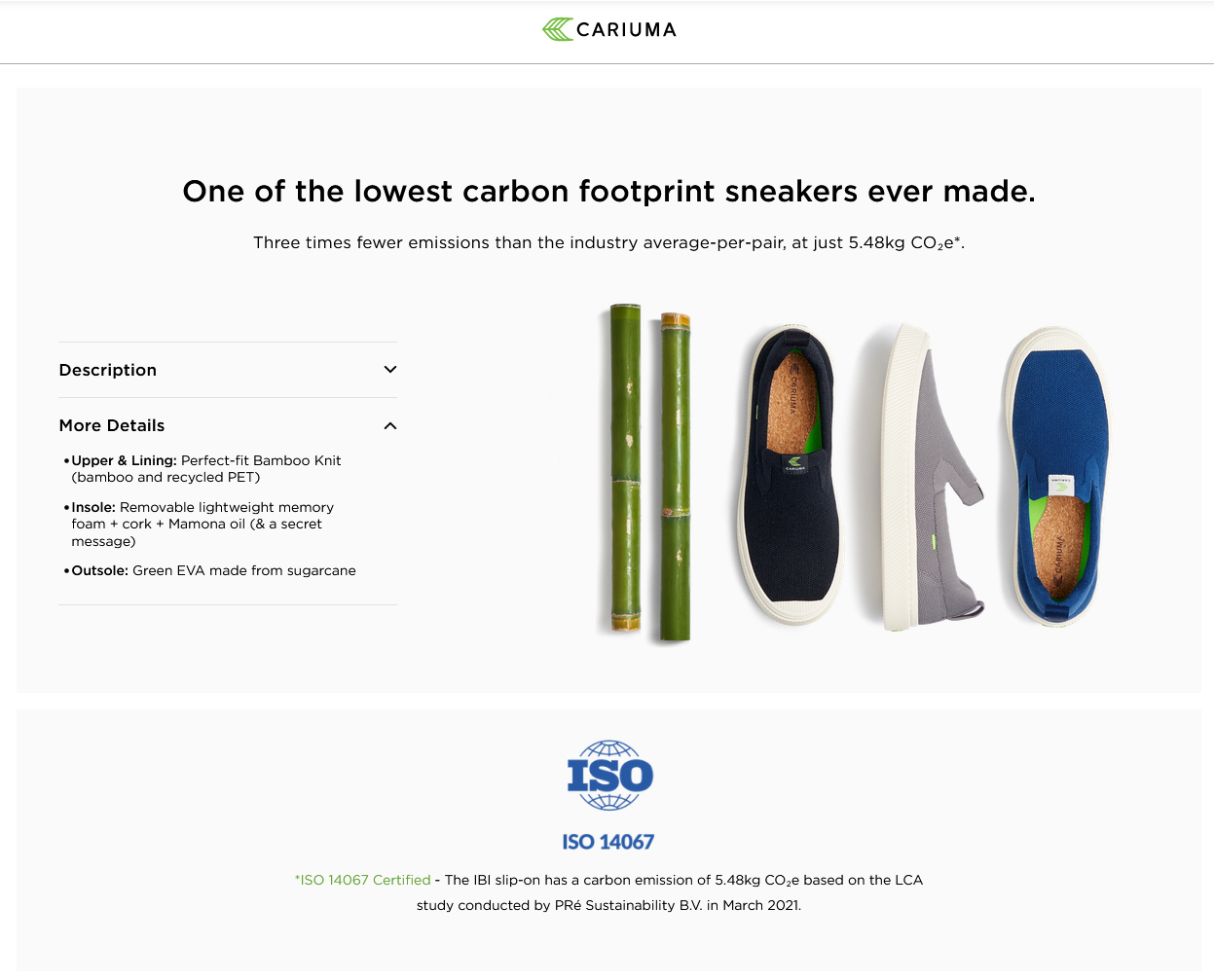 Website communication on carbon footprint of IBI slip-on