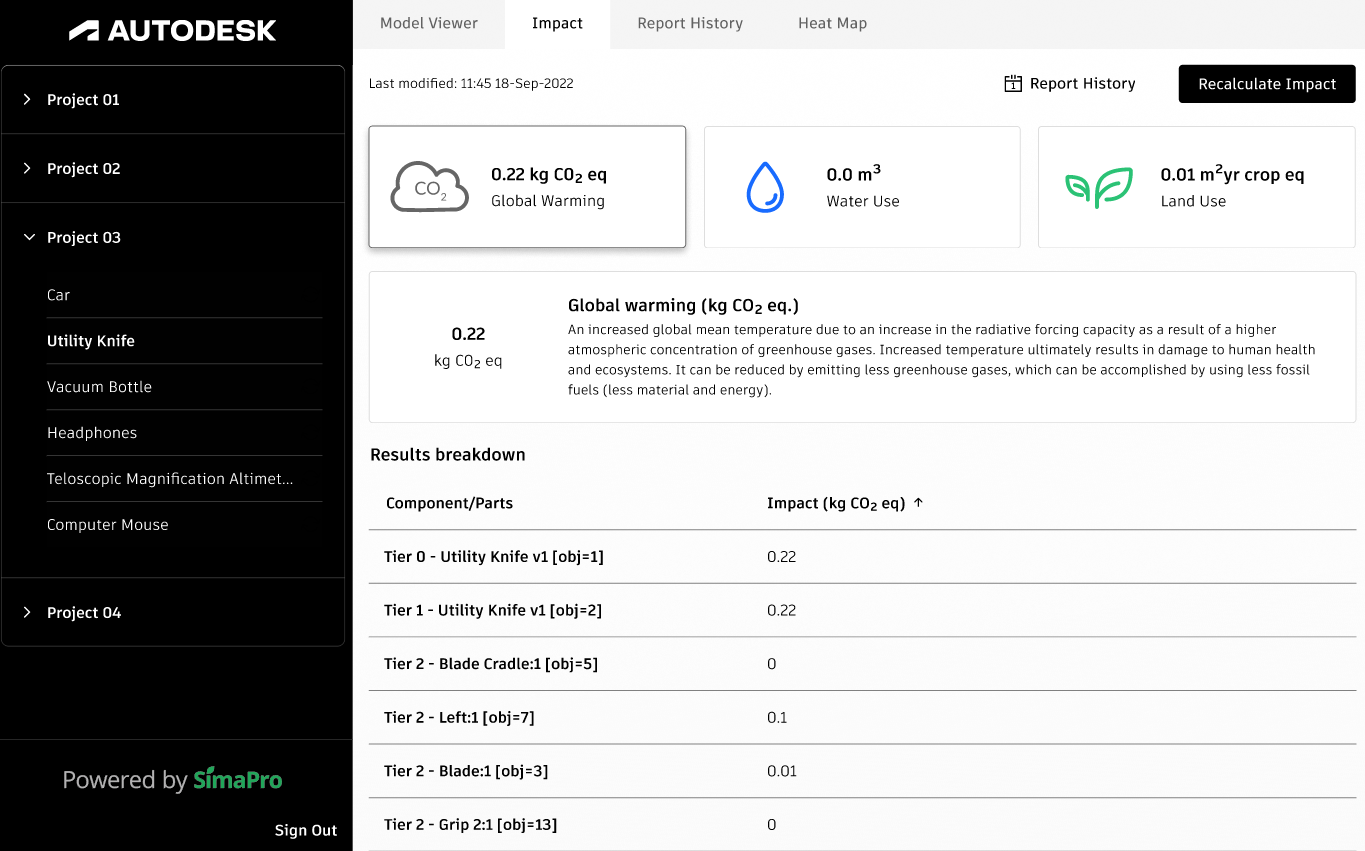 Screenshot of Fusion 360 web application with environmental insights for designers