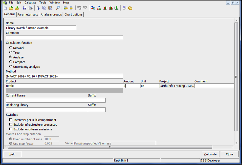 Library switch functionin SimaPro - calculation set-up window